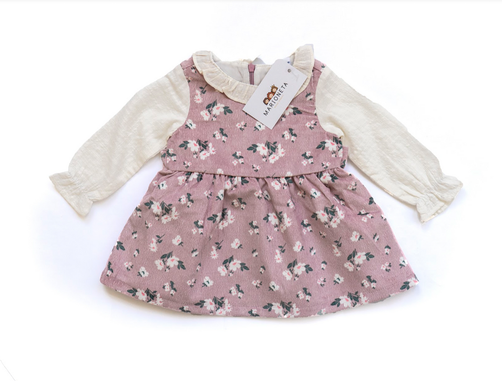 Vestido color rosa estampado flores, cuello y manga blanca para bebe niña | Newness
