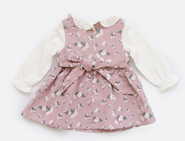 Vestido color rosa estampado flores, cuello y manga blanca para bebe niña | Newness