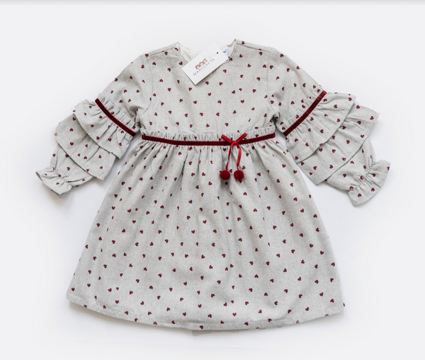 Vestido gris con estampado de corazones y adorno liston terciopelo para bebe niña | Newness