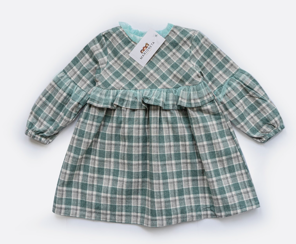 Vestido manga larga con lazo de tul atras color verde para bebe niña |  Newness