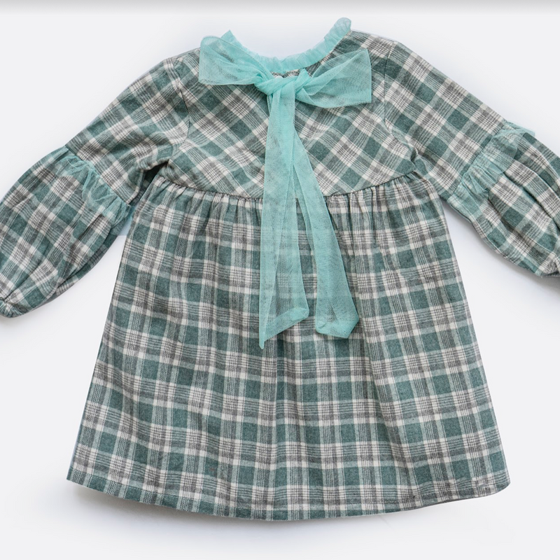Vestido manga larga con lazo de tul atras color verde para bebe niña |  Newness