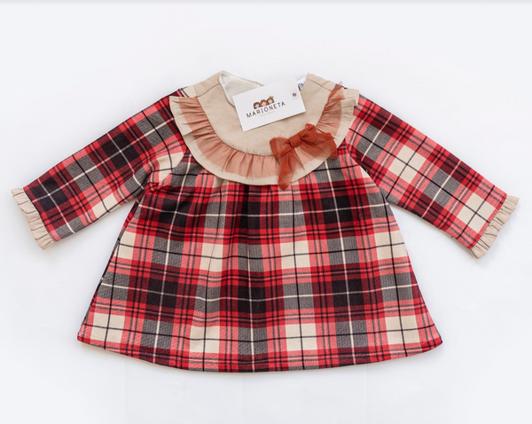 Vestido de cuadros rojos con cuello beige y detalle de moño para bebe niña | Newness