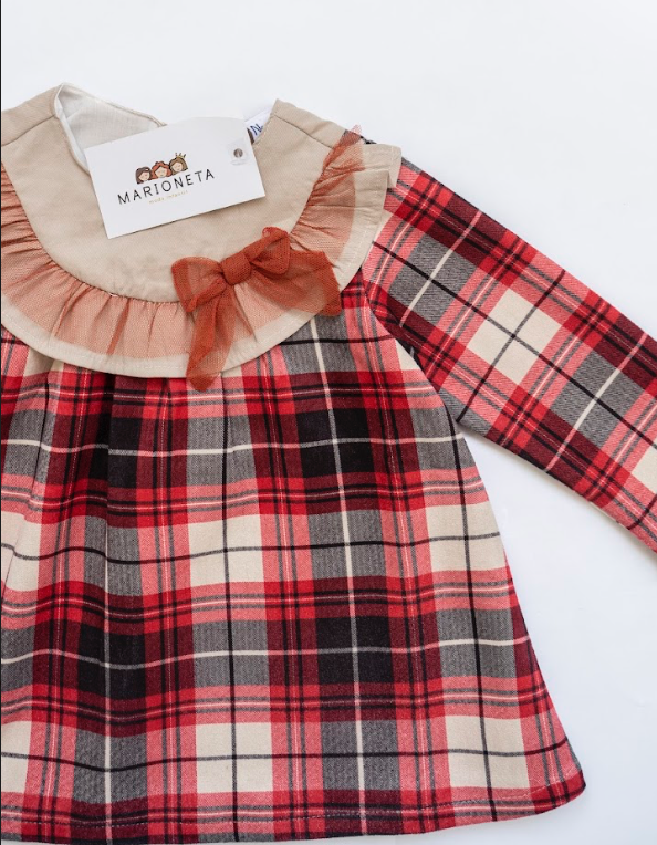 Vestido de cuadros rojos con cuello beige y detalle de moño para bebe niña | Newness