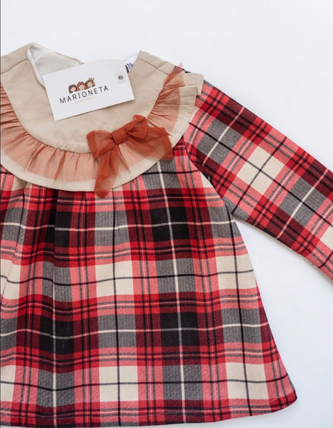 Vestido de cuadros rojos con cuello beige y detalle de moño para bebe niña | Newness