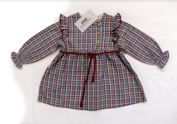 Vestido cuadros azul granate manga larga con lazo al frente para bebe niña | Dadati