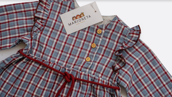 Vestido cuadros azul granate manga larga con lazo al frente para bebe niña | Dadati