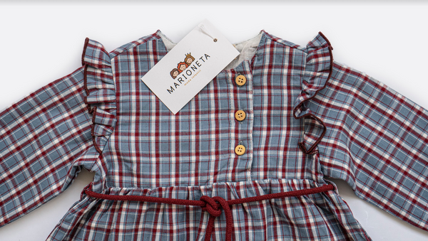 Vestido cuadros azul granate manga larga con lazo al frente para bebe niña | Dadati