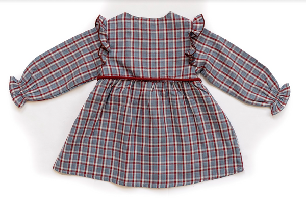 Vestido cuadros azul granate manga larga con lazo al frente para bebe niña | Dadati