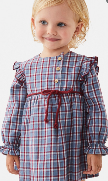 Vestido cuadros azul granate manga larga con lazo al frente para bebe niña | Dadati