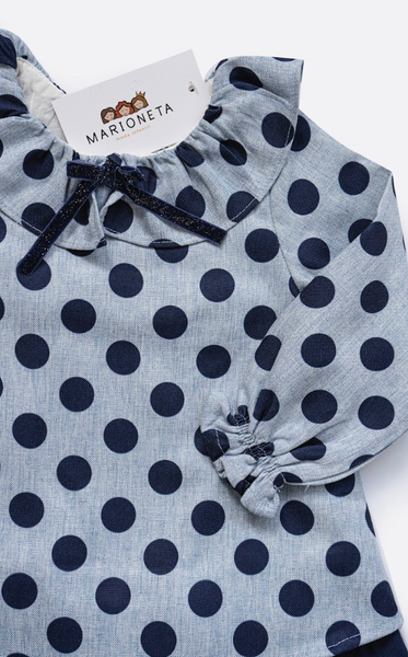 Vestido bebe azul lunares con cuello volante y lazo terciopelo para bebe niña Dadati