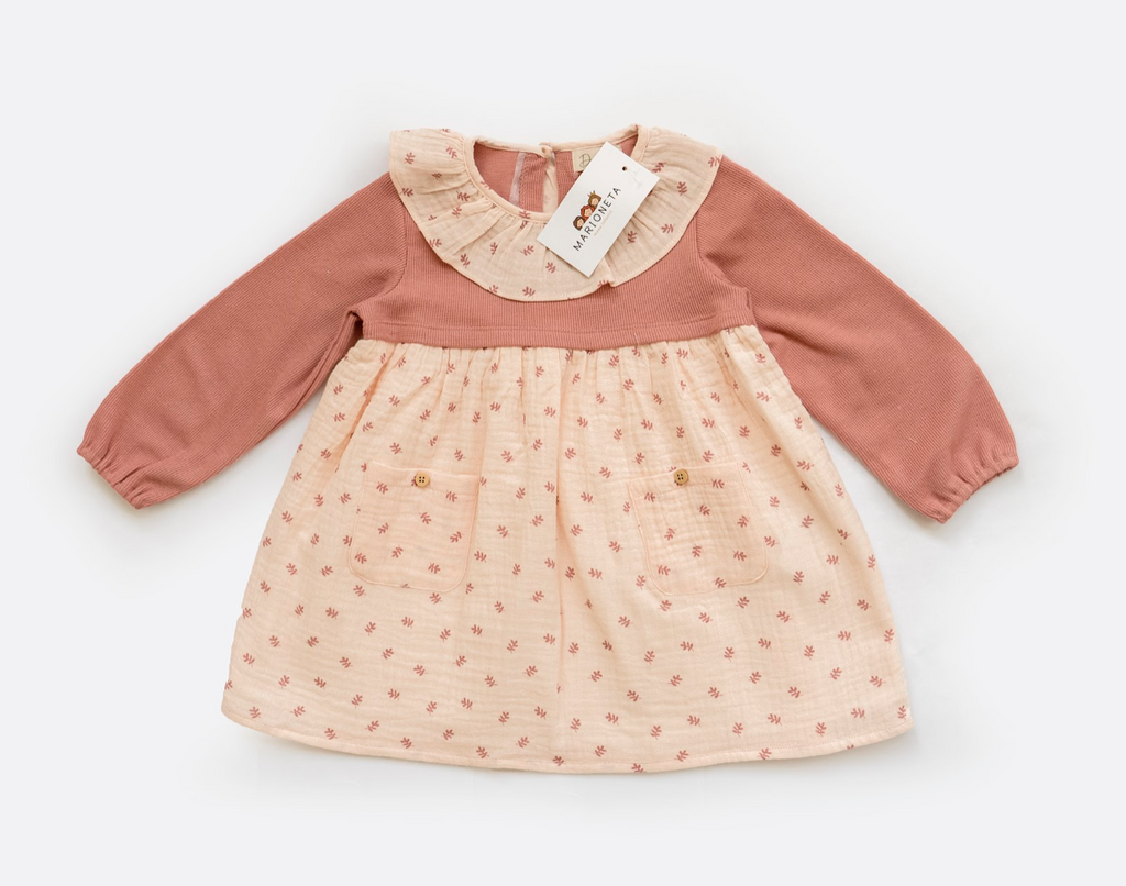 Vestido combinado de color rosa manga larga para bebe nina Dadati Marioneta moda