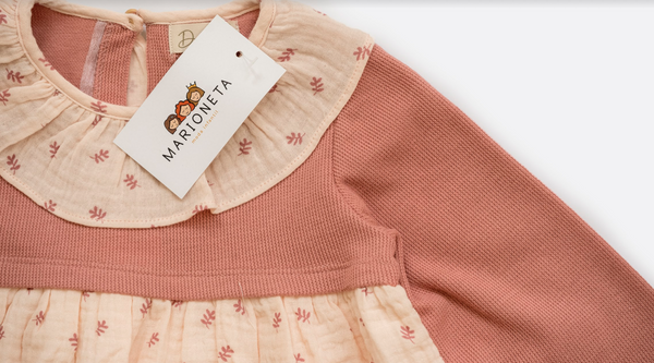 Vestido combinado de color rosa manga larga para bebe niña | Dadati