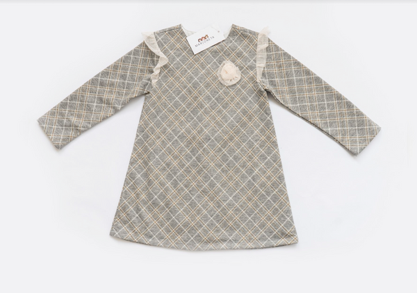 Vestido cuadros color gris y dorado manga larga con detalles de tul para niña | Newness