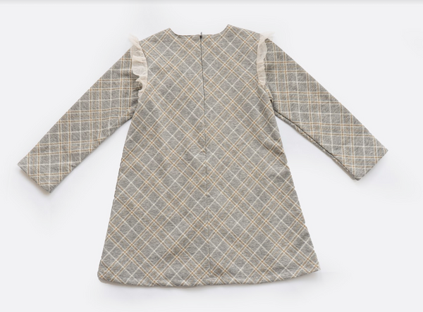 Vestido cuadros color gris y dorado manga larga con detalles de tul para niña | Newness