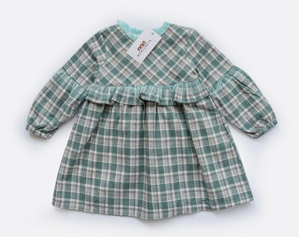 Vestido cuadros verdes con adornos de tul manga larga para niña | Newness