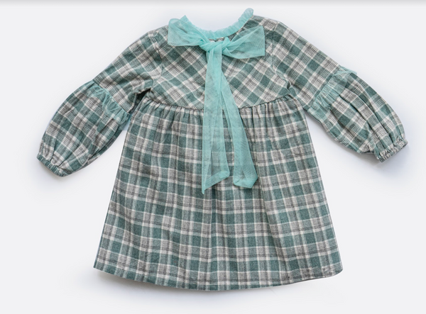 Vestido cuadros verdes con adornos de tul manga larga para niña | Newness