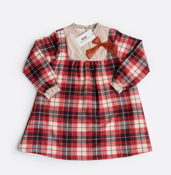 Vestido cuadros rojos combinado con perla y lazo rojo al frente manga larga para niña | Newness