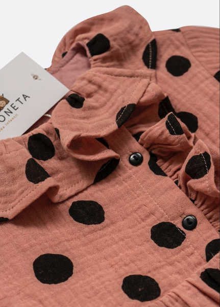 Vestido niña bambula coral estampado lunares negro con cuello volante para niña | Dadati