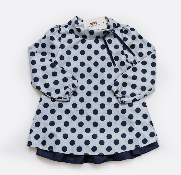 Vestido niña azul lunares con cuello chimenea y lazo terciopelo para niña | Dadati
