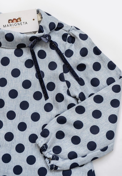 Vestido niña azul lunares con cuello chimenea y lazo terciopelo para niña | Dadati