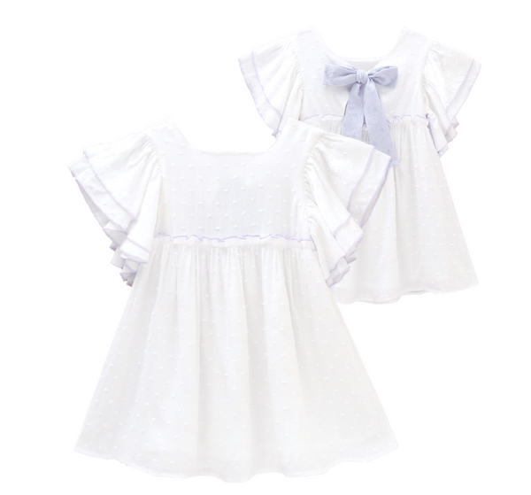 Vestido niña blanco plumeti con ribetes lilas | Dadati