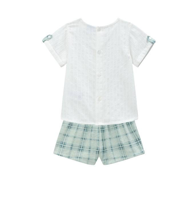 Conjunto de vestir de bebe niño camisa m/c color crudo y short cuadros verdes para bebe niño | Newness