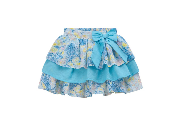Conjunto para niña dos piezas blusa blanca con detalle al hombro y falda combinada con lazo al frente para niña | Newness