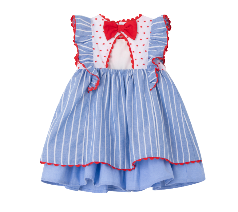 Vestido con braguita de fiesta  azul con rayas blancas con lazo atras para bebe niña | Newness