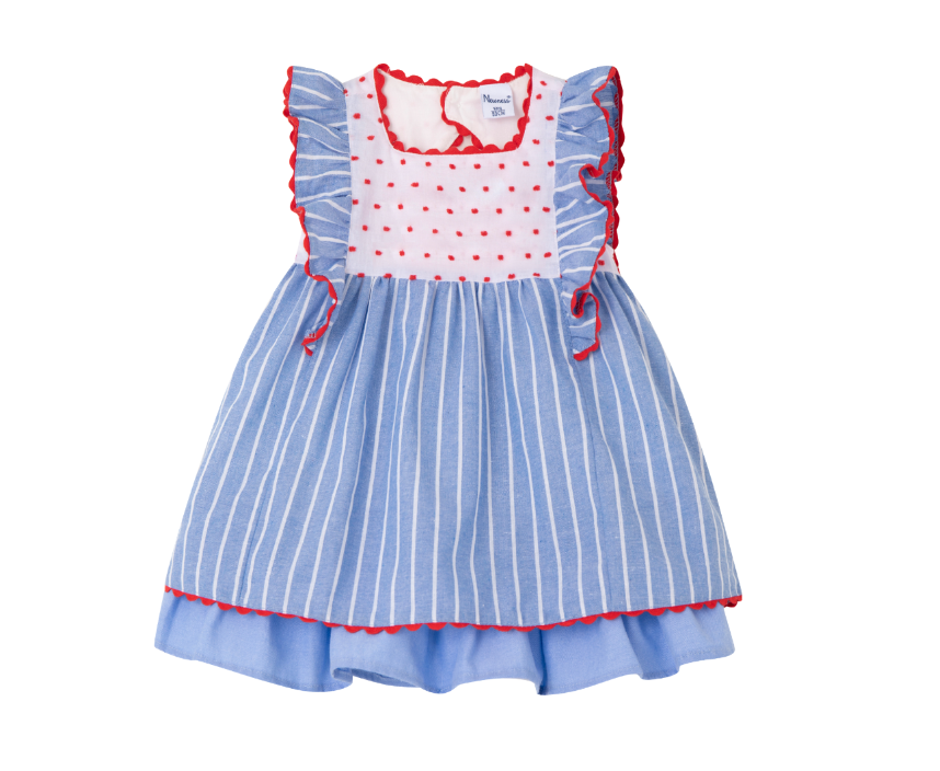 Vestido con braguita de fiesta  azul con rayas blancas con lazo atras para bebe niña | Newness