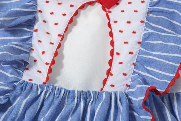 Vestido con braguita de fiesta  azul con rayas blancas con lazo atras para bebe niña | Newness