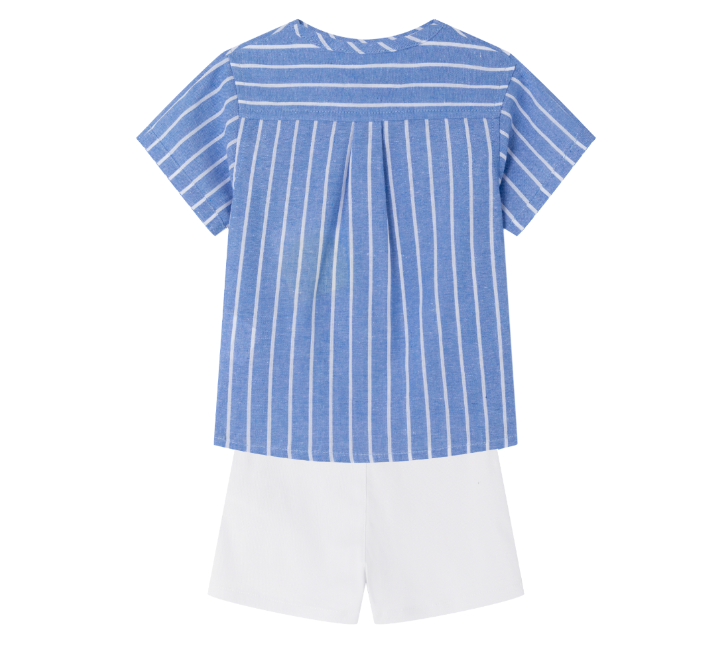 Conjunto de vestir  camisa m/c azul con rayas blancas y short color blanco para bebe niño | Newness