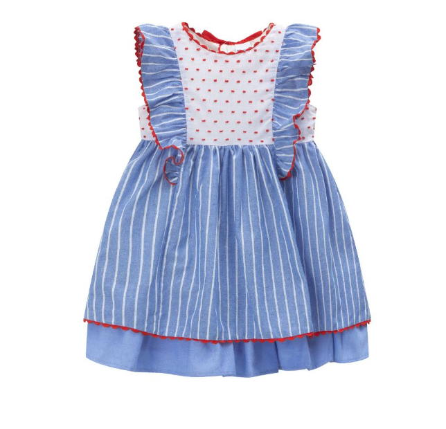 Vestido de fiesta azul con rayas blancas, lazo rojo movible para niña | Newness