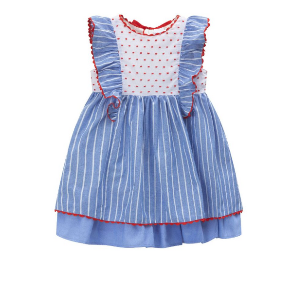 Vestido de fiesta azul con rayas blancas, lazo rojo movible para niña | Newness