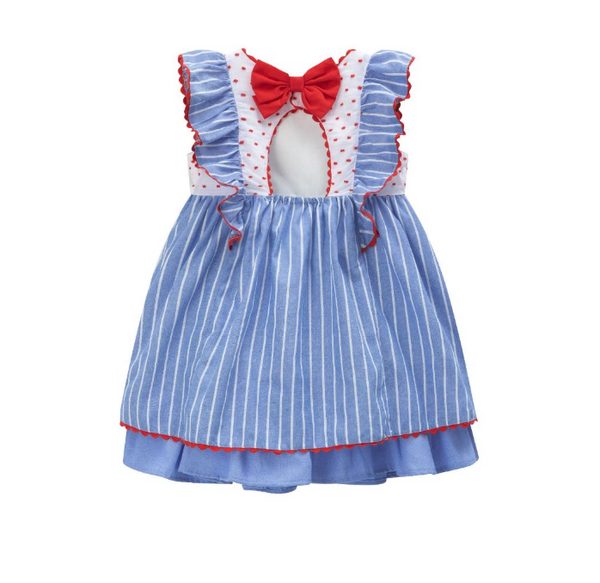 Vestido de fiesta azul con rayas blancas, lazo rojo movible para niña | Newness