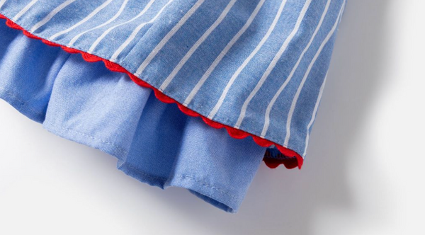 Vestido de fiesta azul con rayas blancas, lazo rojo movible para niña | Newness