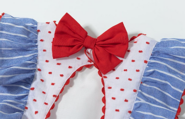 Vestido de fiesta azul con rayas blancas, lazo rojo movible para niña | Newness