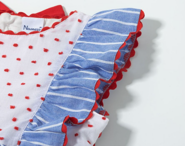 Vestido de fiesta azul con rayas blancas, lazo rojo movible para niña | Newness