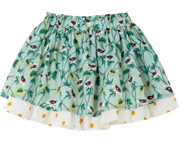 Conjunto dos piezas falda estampada verde y blusa blanca con bolas amarillas y adorno en mangas para niña | Newness