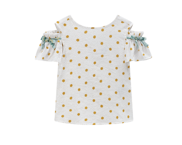 Conjunto dos piezas falda estampada verde y blusa blanca con bolas amarillas y adorno en mangas para niña | Newness