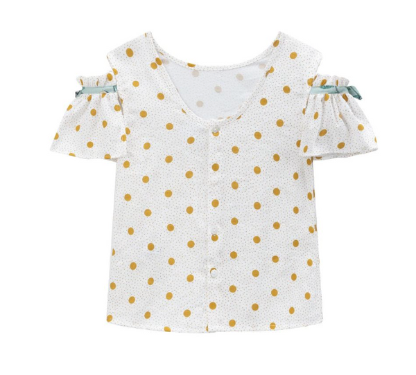 Conjunto dos piezas falda estampada verde y blusa blanca con bolas amarillas y adorno en mangas para niña | Newness