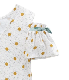 Conjunto dos piezas falda estampada verde y blusa blanca con bolas amarillas y adorno en mangas para niña | Newness