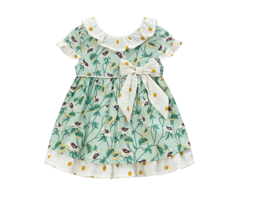 Vestido con braguita de fiesta verde con flores del color lila para bebe niña | Newness