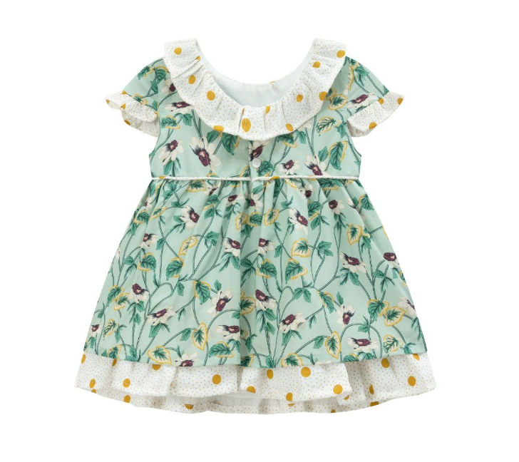 Vestido con braguita de fiesta verde con flores del color lila para bebe niña | Newness