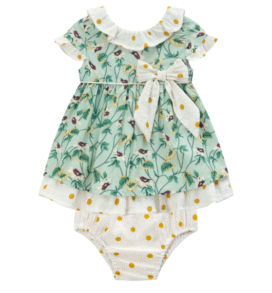Vestido con braguita de fiesta verde con flores del color lila para bebe niña | Newness