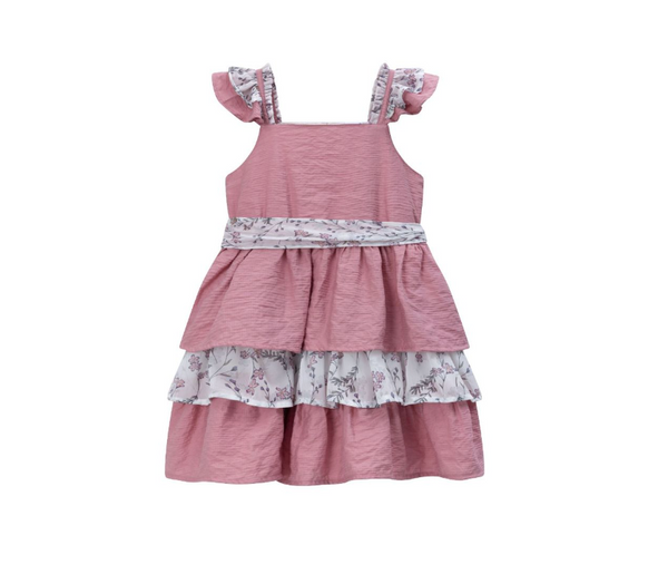 Vestido de vestir  rosa con tejido blanco con flores rosas y lazo por la parte de atras para niña | Newness