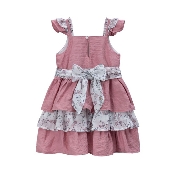 Vestido de vestir  rosa con tejido blanco con flores rosas y lazo por la parte de atras para niña | Newness