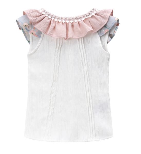 Conjunto dos piezas falda rosa dos colores estampada y blusa blanca con detalles al cuello de color rosa y estampado para niña | Newness