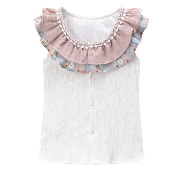 Conjunto dos piezas falda rosa dos colores estampada y blusa blanca con detalles al cuello de color rosa y estampado para niña | Newness