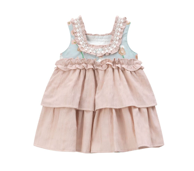 Vestido de fiesta verde con flores del color maquillaje con adorno de lazos al frente para bebe niña | Newness