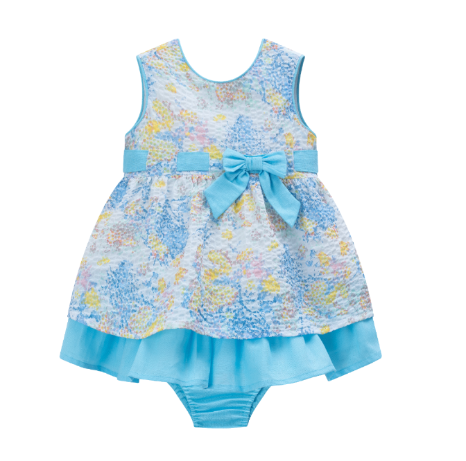 Vestido con braguita de fiesta de bebe niña azul con flores del color amarillo| Newness